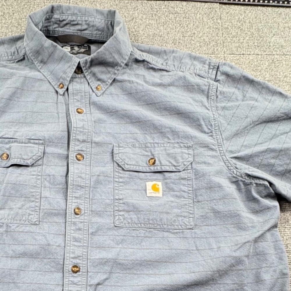 Carhartt Mens 2XL Loose Fit Short Sleeve Striped Button Down Work Shirt Blue